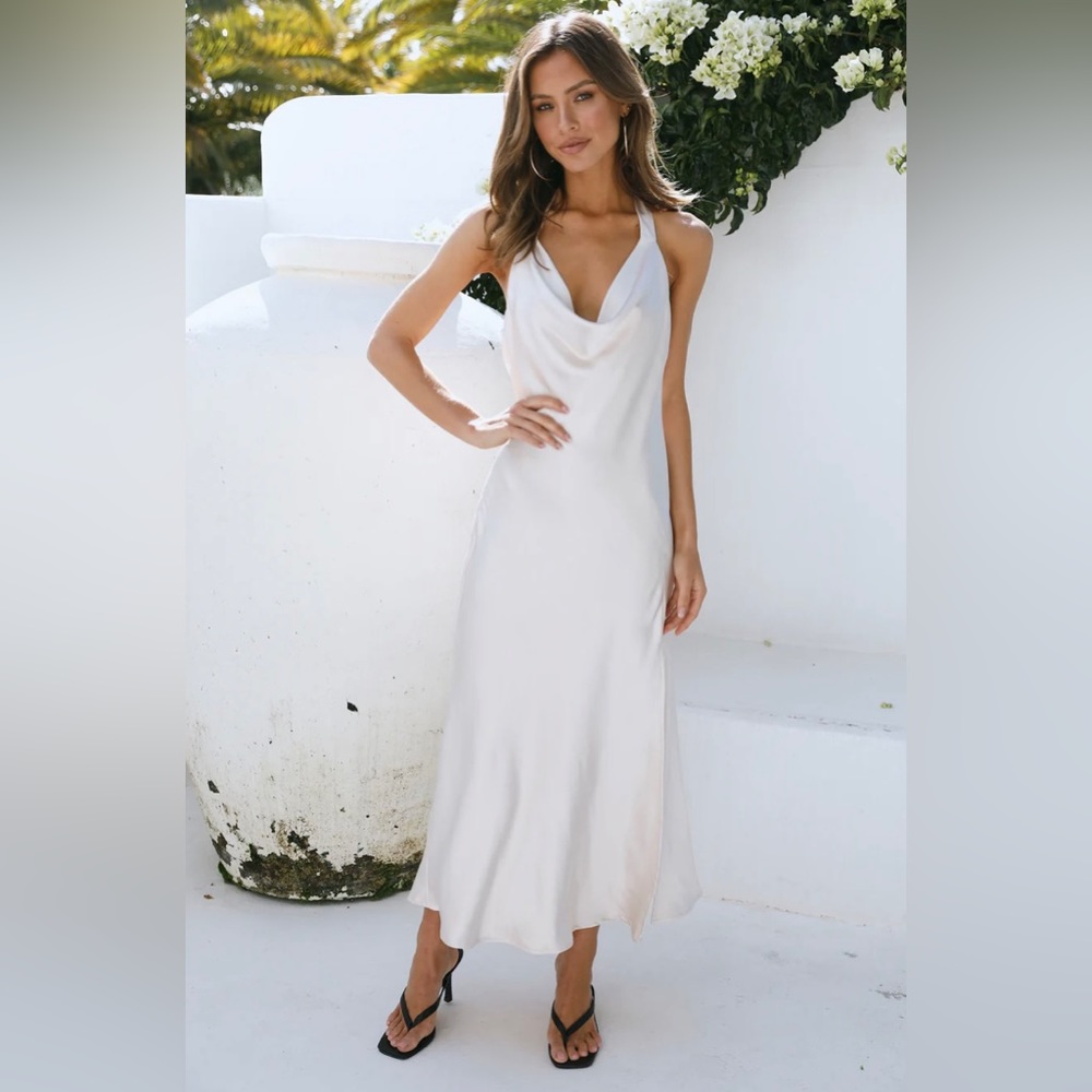 Hello Molly Satin Love Midi Dress Champagne Halter Low Back Small